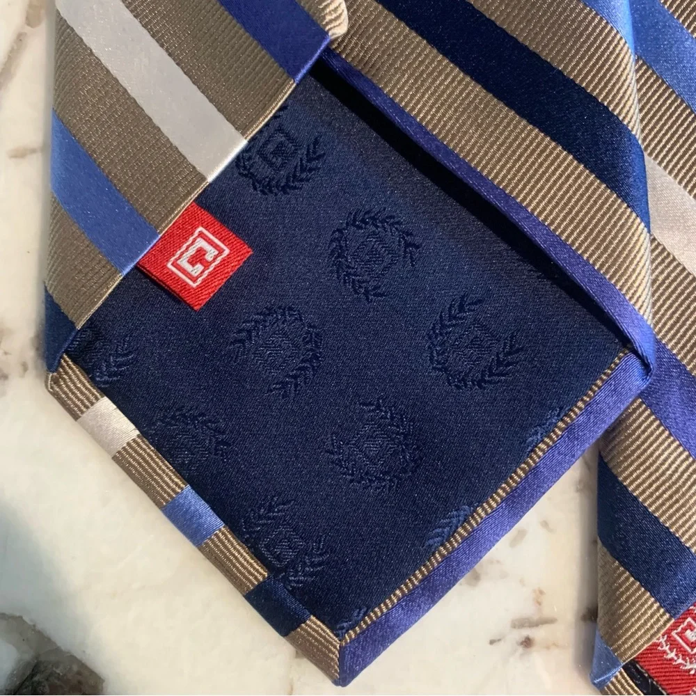 Repp Tie Chaps 100% Silk Stripe Tie - Blues Cream Khaki - Picture 2 of 6